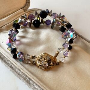 Vintage Purple Aurora Borealis Crystal Beaded Double Strand Bracelet Sparkly